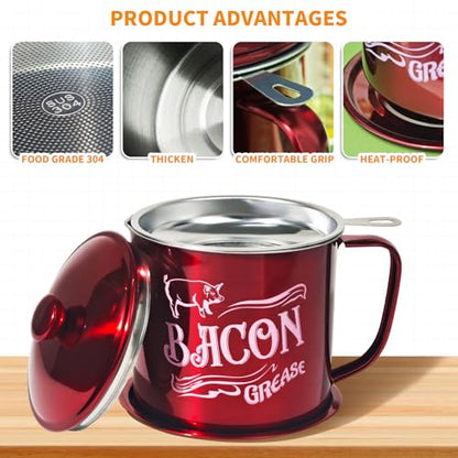 1.3L Bacon Grease Saver Container with Fine Mesh Strainer,Stainless Steel Oil Keeper Can for Bacon,46oz Large Rustic Farmhouse Fat Container, Keeper, Recipes, Dishwasher Safe (Red) - color: Red