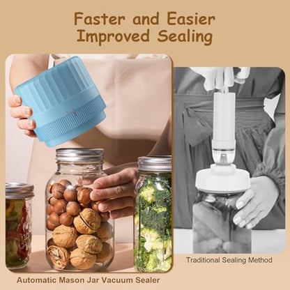 HTPOW Mason Jar Vacuum Sealer, Auto Sealing for Regular and Wide Mouth Jars | Meal prep, food storage, one-touch operation, regular and wide mouth jars, 1300mAh battery, reusable lids - color: Blue
