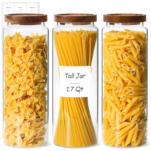 ComSaf 3Pcs (1.7Qt) Airtight Glass Pasta Storage Containers with Acacia Wood Lids, Tall Pantry Storage Container for Organizing Spaghetti and Pasta, Thick Glass Spaghetti Container with Pasta Labels - size: 1.7Qt*3