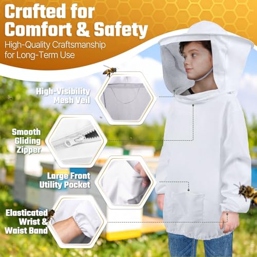 Flexzion Kids Beekeeping Suit Jacket with Veil Hood - Lightweight Sting-Proof Bee Suit for Kids Adults, Youth Pullover Bee Smock, Elastic Waist & Cuffs, White, Kid Medium - size: Kids Medium