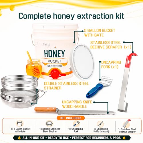 SunVara Honey Bucket with Gate 5 Gallon Kit - Stainless Steel Double Layer Strainer, Honey Scrapper Tool Beekeeping Equipment, Honey Extractor Equipment, Bee Supplies