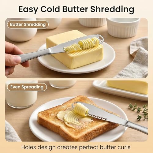 3-in-1 Stainless Steel Butter Spreader Knife, 2 Pcs Serrated Butter Curler & Cheese Cutter for Cold Butter, Multipurpose Kitchen Gadget, Dishwasher Safe