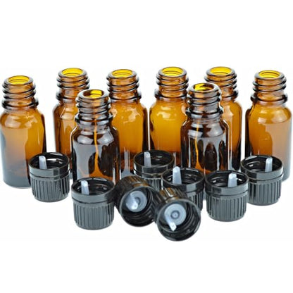 mEssentials 10ml Amber Glass Bottles with Euro Dropper Caps - Great for Essential Oils, Perfumes and DIY Aromatherapy - Easy to Fill, Clean and Reuse - Protective and Durable (8)