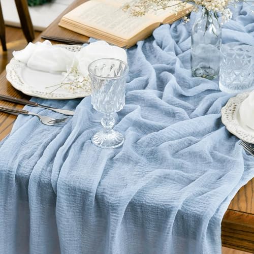 Artoid Mode Boho Cheesecloth Gauze Ice Blue Wedding Table Runner, 120 Inch Seasonal Fabric Kitchen Dining Holiday Table Decor for Home Party Indoor - color: Ice Blue, size: 120"