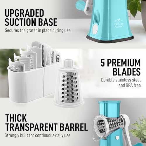Zulay Kitchen Rotary Cheese Grater 5 Blade Cheese Shredder - Manual Hand Crank Cheese Grater With Reinforced Suction & 5 Interchangeable Drums - Easy to Use, Vegetable Chopper Round Mandoline Slicer - color: White and Light Blue