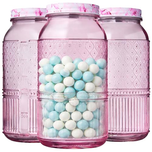 Glass Canisters Set of 3 – 64 oz Mason Jar Style Food Storage Containers with Lids, Jars for Cereal, Pasta, Cookies, Candy, Flour, Sugar, Pet Food, Vintage Claro Collection Kitchen Decor - Pink - color: Pink