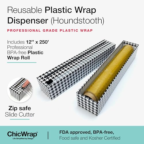 Chicwrap Houndstooth Refillable Plastic Wrap Dispenser - One 12" x 250' Roll of Professional Grade Plastic Wrap - BPA Free and Kosher Certified - Reusable Dispenser w/Slide Cutter - style: Houndstooth