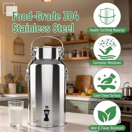 5.28 Gallon Milk Can with Spigot Stainless Steel Milk Bucket Wine Pail 20Liter with 2 Handles Sealed Lid Water Oil Liquid Barrel for Kitchen Farm Home Use - size: 20L