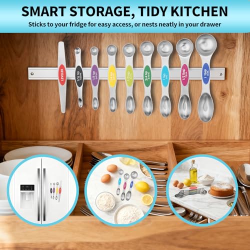 Magnetic Measuring Cups and Spoons Set of 16, 7 Stainless Steel Measuring Cups, 8 Double-Sided Measuring Spoons with 1 Leveler, Color Coded Handles, Dual Markings for Dry and Liquid Ingredients - color: Silver