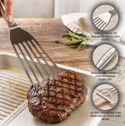 Stainless Steel Fish Spatula Set (2-Piece) – Large Slotted Fish Turner + Small Metal Spatula, Precision Thin Edge for Delicate Foods, Ergonomic Grip, One-Piece 304 Stainless Steel Kitchen Utensils
