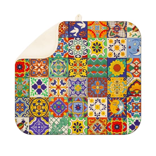 Mexican Talavera Tiles Dish Drying Mat for Kitchen Super Fast Absorbent Dishes Drainer Mat Large Dishes Drying Pad for Dishes, Pots and Pans, Utensils, Kitchen Countertop Decor 16x18 in - color: Mexican Talavera Tiles, size: 16" x 16"