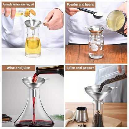 3-Pack Stainless Steel Funnel Set - Small Mouth Funnels for Wine, Oil, Liquor & Kitchen Liquids, Food Grade Metal Funnels for Efficient Pouring, Dishwasher Safe Bar & Home Accessories