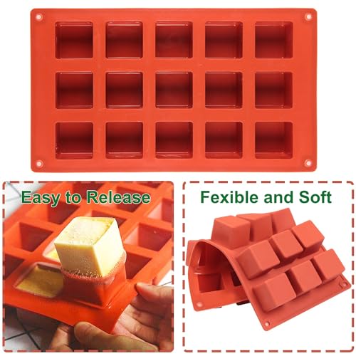Square Silicone Mold, Cube Mousse Cake French Dessert Baking Molds, 2 Pack 15 Cavity Lollipop Silicone Molds for Soap, Candy Chocolate Cubes, Ice cream,Truffle,Brownie