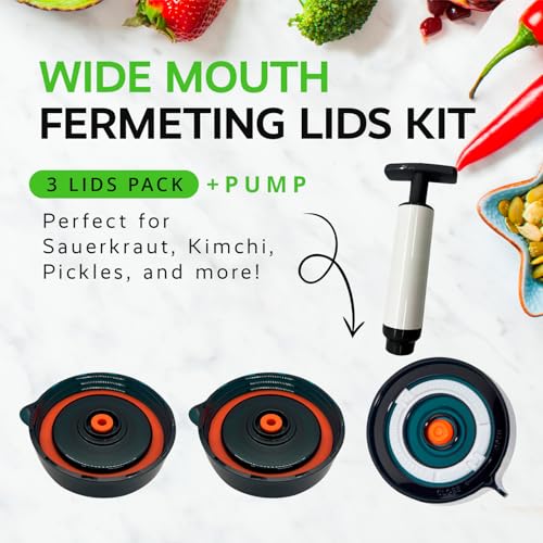 Fermentation Kit, Includes 3 Fermenting Lids for Wide Mouth Mason Jars & Oxygen Extractor Pump, Mason Jar Airlock Lid For Fermenting Kimchi, Pickle, & Sauerkraut - color: Blue