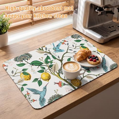 LemonRoad Dish Drying Mat for Kitchen Counter, 12"x20" Absorbent Coffee Bar Mat with Hummingbird Lemon Tree, Diatomite Drainer Drying Mats with Non-slip Backing for Kitchen Sink Countertop - style: Hummingbird Lemon Tree