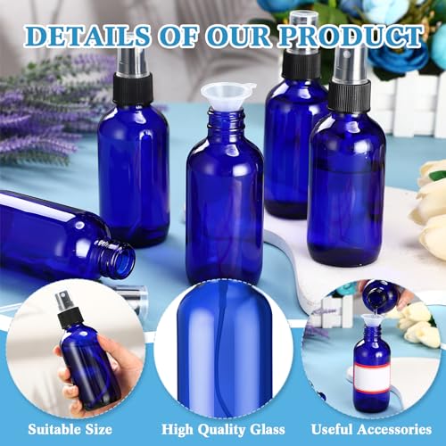 Fumete 2 Pack Glass Bottles 4oz Empty Refillable Liquid Containers with 1 Label 1 Funnel for Essential Oils Hair Travel Plants Cleaning Skin Care(Blue, Black Top,Mist Bottle) - color: Blue, Black Top, style: Mist Bottle