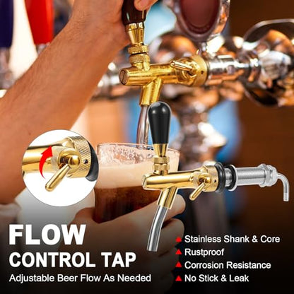 Beer Tap Faucet 4'' Long Beer Tap Shank, Brass Beer Faucet Stainless Steel Core Draft Beer Dispenser Beer Keg Tap Bar Tap 5/16'' Barb G5/8 Thread with Flow Valve for Kegerator, Freezer, Fridge, Wall