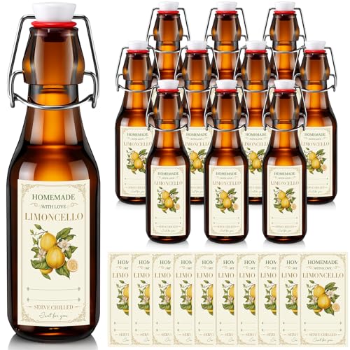LemonRoad 10 Pcs 8 oz Limoncello Bottles Amber Swing Top Glass Bottles with Labels Airtight Cap Lids for Limoncello Homemade Flip Top Glass for Home Brewing Wedding Baby Shower Housewarming Favors