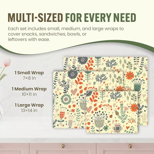 Beeswax Wraps for Food - Reusable & Moldable Bees Wax Covers for Bowls, Fruits, Cheese - Natural Food Storage Alternative to Aluminum Foil & Plastic Wrapping - Small, Medium, Large - 3-Pack
