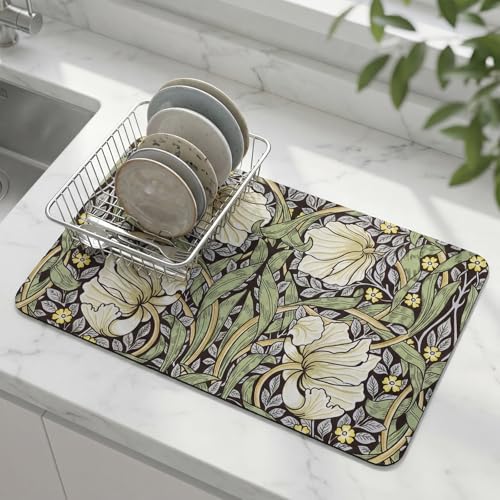 LemonRoad Dish Drying Mat for Kitchen Counter, 12"x20" Absorbent Mat with Morris Pattern, Diatomite Drainer Drying Mats with Non-slip Backing for Coffee Bar Kitchen Sink Countertop - style: Morris Pattern
