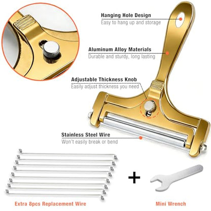 Cheese Slicer, AIDOIT Stainless Steel Wire Cheese Slicer, Adjustable Thickness Cheese Cutter with 8 Extra Wires for Soft, Semi-hard, Hard Cheeses, Gold - color: Gold