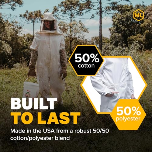 Mann Lake Deluxe Bee Suit, Beekeeping Gear with Zippered Square Veil, Durable 50/50 Cotton/Polyester Blend, Bee Protection Suit, Professional Beekeeping Suit for Adults, Small - size: Small
