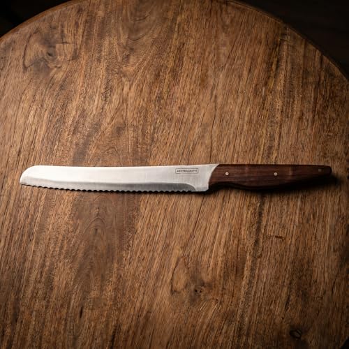 AM Steelcrafts Handmade Premium Artisanal 9 Inch Bread Knife, Serrated Stainless Steel Blade, Ergonomic Dark Wood Handle with Brass Rivets