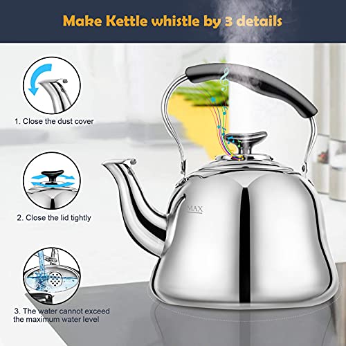 Tea Kettle Stovetop Whistling Teakettle ClassicTeapot Stainless Steel Tea Pots for Stove Top with Heat-resistant Folding Handle Mirror Finish, 2 liters | Premium Food Grade Stainless Steel Whistling Tea Kettle with Heat-Resistant Folding Handle for Fast B