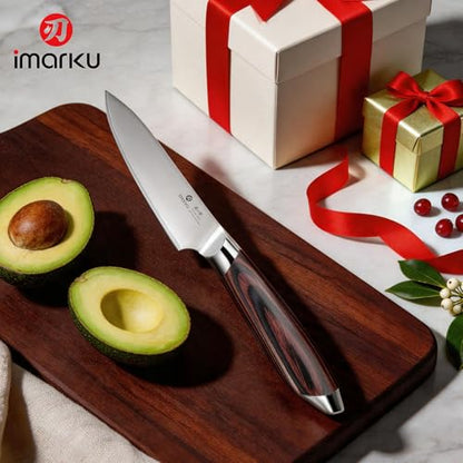 imarku Paring Knife 3.75 Inch, Japanese High Carbon Stainless Steel Fruit Knife, Ultra Sharp Small Kitchen Knife for Peeling Fruits Cutting Veggies, Ergonomic Pakkawood Handle - color: reddish-brown