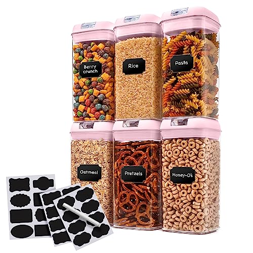 Set of 6 Airtight Food Storage Containers - Pantry Organizer Bins, BPA Free Plastic Containers plus Dry Erase Marker and Labels, Pink - color: Pink