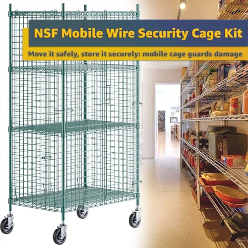 24" x 36" x 69" NSF Heavy Duty Mobile Green Epoxy Wire Shelves with Security Cage Kit, 4 Tier Metal Commercial Storage Rack with Wheels - color: Green, size: 24" x 36" x 69" with Wheels