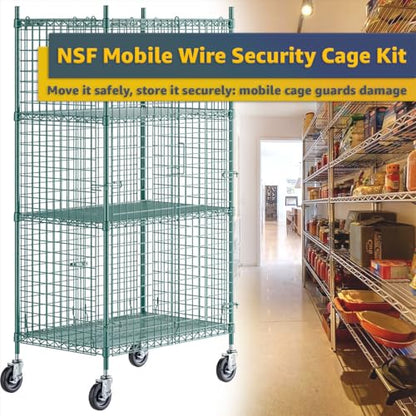 24" x 36" x 69" NSF Heavy Duty Mobile Green Epoxy Wire Shelves with Security Cage Kit, 4 Tier Metal Commercial Storage Rack with Wheels - color: Green, size: 24" x 36" x 69" with Wheels