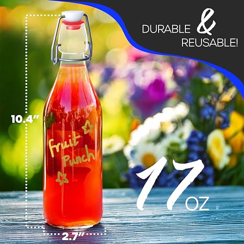 Nevlers 17 Oz Clear Round Swing Top Glass Bottles with Lids 12 Pack | Flip Top Glass Bottle with Stopper Kit for Kombucha or Vanilla Extract Bottles | Wine Bottle Set with Funnel, Brush & Marker - style: Round