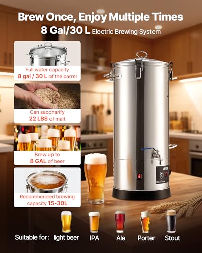 VEVOR Beer Brewing Equipment, 8 Gal/30L 304 Stainless Steel Home Beer Brewer,1500W All-in-One Home Brewing Kit with Tall strainer, Integrated Inner Barrel & Reinforced Handle - size: 8 Gal