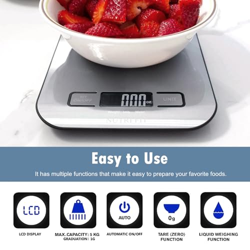 Food Scale, Kitchen Scales Digital Weight Food Grams and Ounces for Weight Loss Baking Cooking of NUTRI FIT, Max 11lb 1g Increment, Backlight LCD Smart Tare Stainless Steel, Easy to Use, AAA Battery - color: Silvery Grey