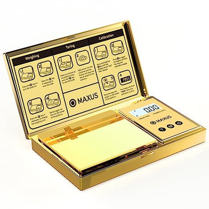 MAXUS Digital Gram Scale with 200g x 0.01g Capacity, Stylish Gold Plated Cover and Platform for Accurate and Precise Weighing of Jewelry, Grains, and Food in Grams and Ounces - color: Gold