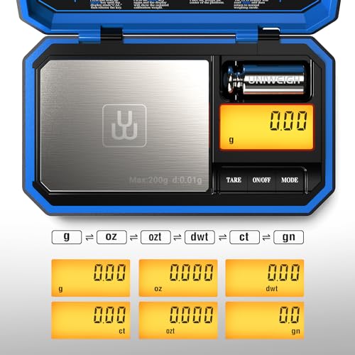 UNIWEIGH Digital Pocket Scale 200g/0.01g, Digital Gram Scale Precision | Mini Jewelry Scales digital weight grams with 50g Cal Weights for food,Jewelry,Coins,small items,(Battery Included)-Blue - color: Blue