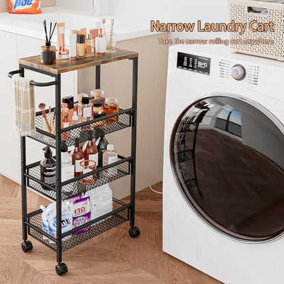 AZERPIAN Slim Rolling Cart 4 Tier Narrow Storage Cart on Wheels with MDF Board Top and Metal Handle for Small Space Kitchen Living Room Bathroom Laundry Room (16.38 x 9.06 x 30.31inch) - size: 16.38 x 9.06 x 30.31 inch
