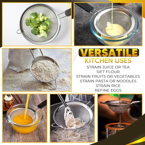 Set of 3 Fine Mesh Strainers for Kitchen | 3.4 inch, 5.5 inch and 7.9 inch Stainless Steel Strainer