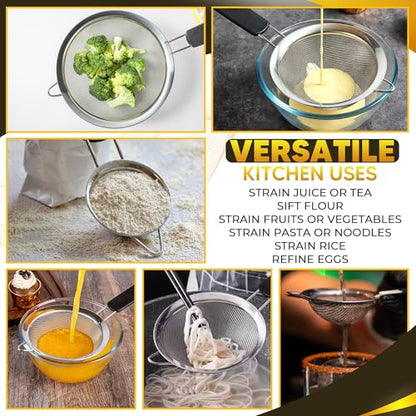 Set of 3 Fine Mesh Strainers for Kitchen | 3.4 inch, 5.5 inch and 7.9 inch Stainless Steel Strainer