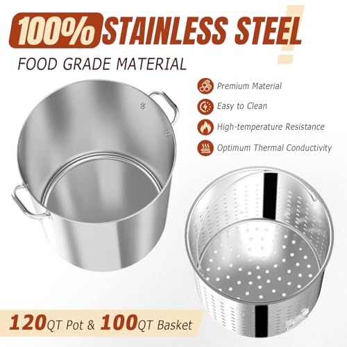 120QT Seafood Boil Pot with Detachable Stirring Paddle, Stainless Steel Stock Pot, Crawfish Boiler with Basket, Lid & Lifting Hook, Perfect for Outdoor Crab, Lobster & Shrimp Boils - style: 120QT+Mixing Paddle