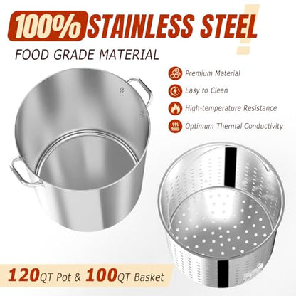120QT Seafood Boil Pot with Detachable Stirring Paddle, Stainless Steel Stock Pot, Crawfish Boiler with Basket, Lid & Lifting Hook, Perfect for Outdoor Crab, Lobster & Shrimp Boils - style: 120QT+Mixing Paddle