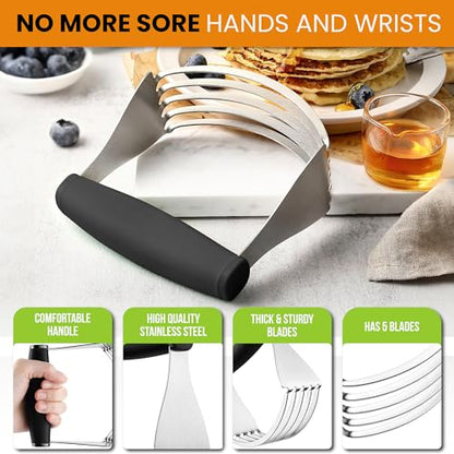 Spring Chef Dough Blender For Baking, Heavy Duty Dough Cutter Tool, Stainless Steel Pastry Cutter Tool with Sharp & Sturdy Blades, Pastry Blender for Easy Mixing, Dishwasher Safe - XL Size - Black | Heavy Duty Dough Mixer with Stainless Steel Blades, Butt