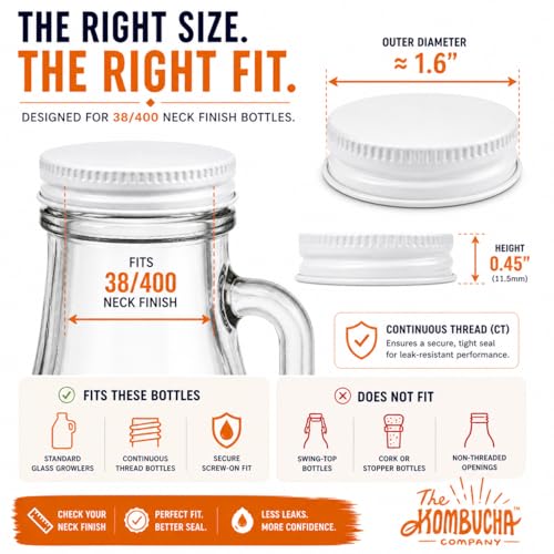 Metal Growler Caps For 1-Gallon & 1/2-Gal Sized Glass Growler Jugs - 1.5" (38mm) Dia, Made in USA - Beer/Kombucha/Homebrew Bottle - Food Grade Lid w/Continuous Thread & Plastisol Liner (12 Pack) - color: White