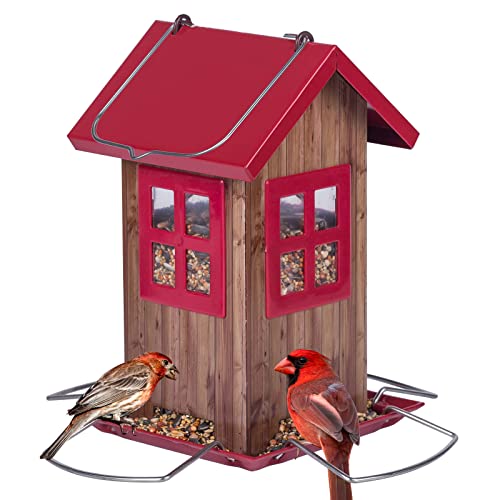 Kingsyard Cute Bird House Feeders for Outside, Hanging Metal Bird Feeder with 4 Ports, Outdoor Garden Yard Decorations for Cardinals Finches Chickadees Goldfinches & Sparrows Birds Watching - color: Red Roof & Red Window