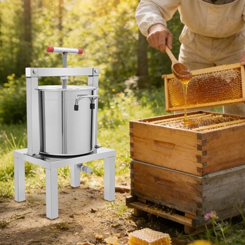 Honey Press Machine Stainless Steel Fruit Honey Press Heavy Duty Beekeeping Machine Large Capacity Manual Juice Extractor for Apples Grapes Cider (Sliver, High Base) - color: Sliver, High Base