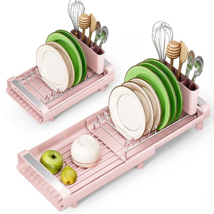 TOOLF Small Dish Drying Rack, Mini Expandable Compact Dish Rack, Slim Extendable Stainless Steel Dish Drainer for Kitchen Plate Storage, Space Saving Dish Strainer in Sink or on Home Countertop, Pink - color: Pink