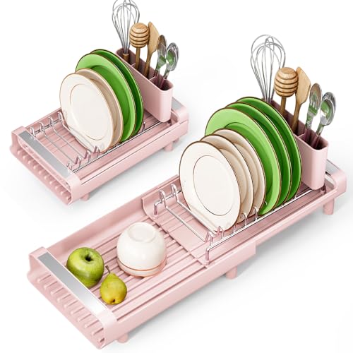 TOOLF Small Dish Drying Rack, Mini Expandable Compact Dish Rack, Slim Extendable Stainless Steel Dish Drainer for Kitchen Plate Storage, Space Saving Dish Strainer in Sink or on Home Countertop, Pink - color: Pink