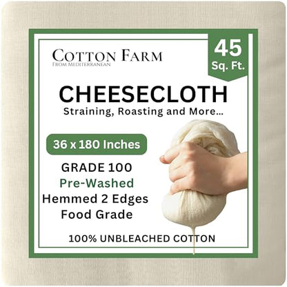 Cotton Farm Grade 100 XL Cheese Cloth for Straining & Cooking; 45 Sq Ft (5x1 yards); 100% Unbleached Cotton Cheesecloth; Reusable with Finished 2 Edges; Ultra-Dense (the finest) Butter Muslin - size: 180 x 36 inch / 1 piece
