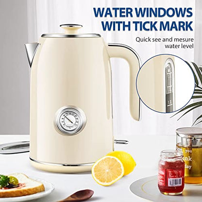PUKOMC Electric Kettle, 1.7L Stainless Steel Tea Kettle with Temperature Gauge, 1500W Water Boiler with LED Light, BPA-Free, Auto Shut-Off and Boil-Dry Protection (Beige) Visit the Pukomc Store - color: Beige